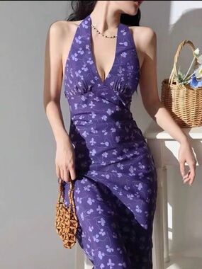 SHEIN Purple One-Shoulder Floral Maxi Dress